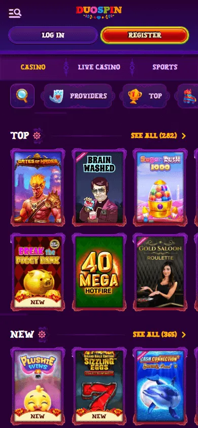 Duospin Casino mobile games interface