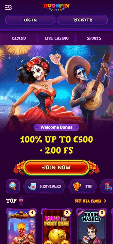 Duospin Casino mobile home interface on a browser