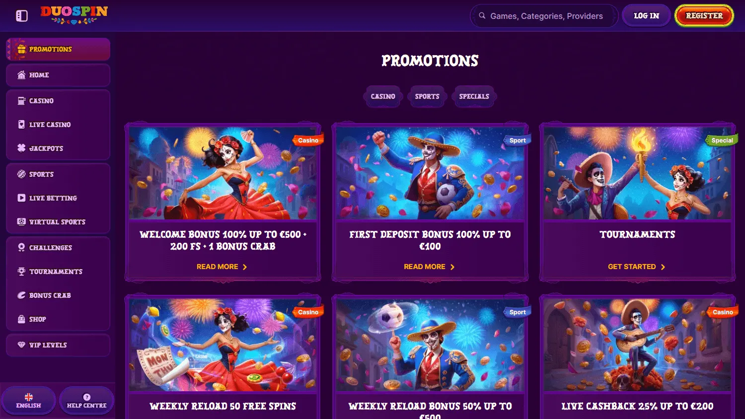 Duospin Casino desktop promotions interface